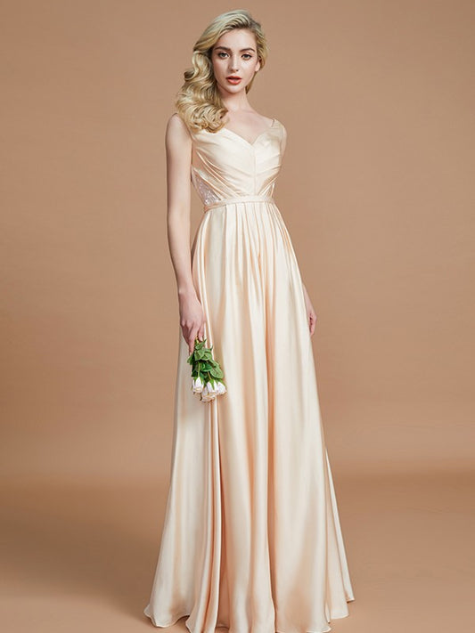 A-Line V-neck Sleeveless With Ruched Floor-Length Silk like Satin Bridesmaid Dresses