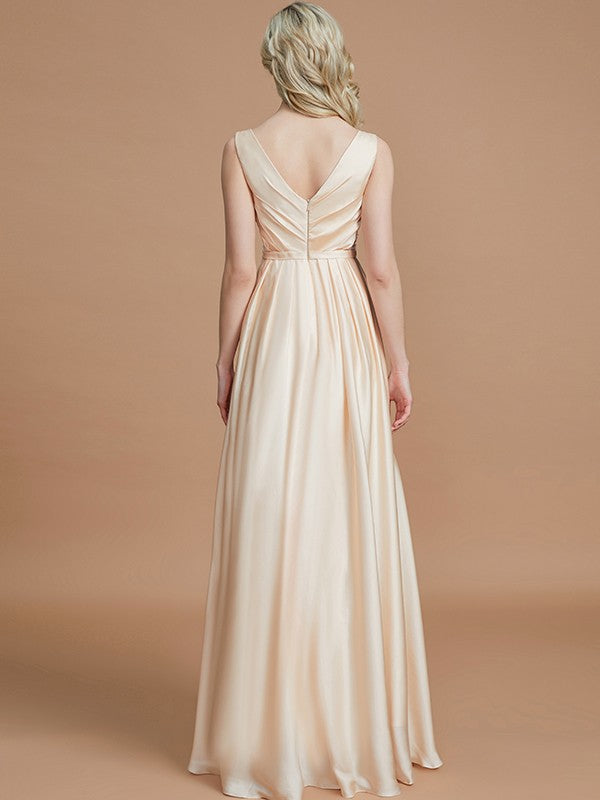 A-Line V-neck Sleeveless With Ruched Floor-Length Silk like Satin Bridesmaid Dresses