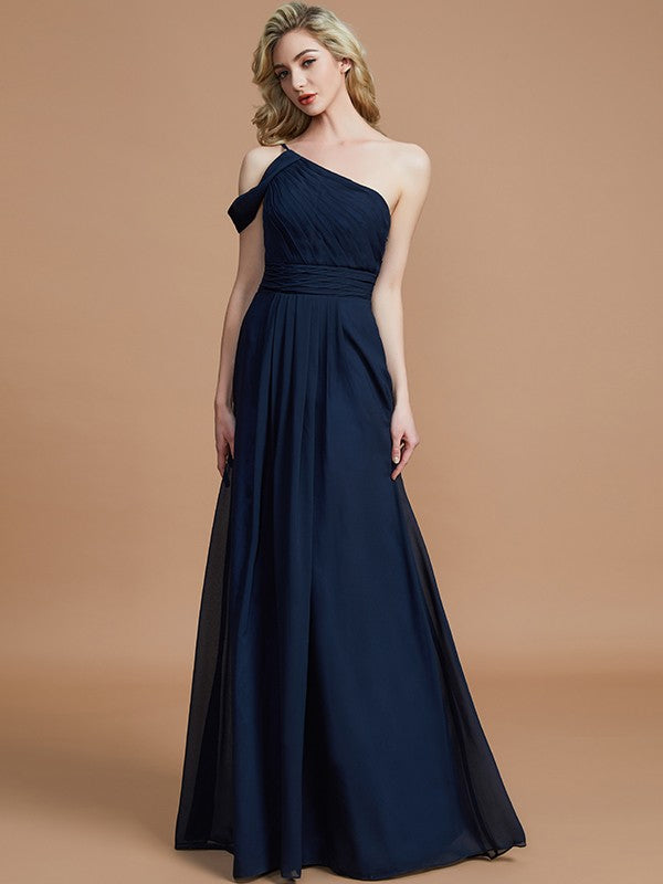 A-Line One-Shoulder Floor-Length Chiffon Sleeveless Bridesmaid Dresses