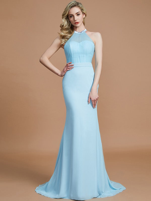 Mermaid Sleeveless Scoop Sweep/Brush Train Chiffon Bridesmaid Dresses