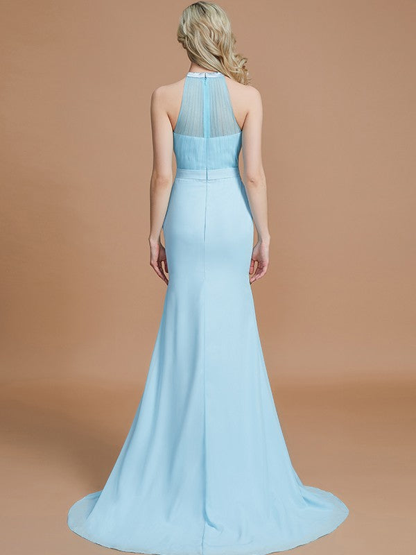 Mermaid Sleeveless Scoop Sweep/Brush Train Chiffon Bridesmaid Dresses