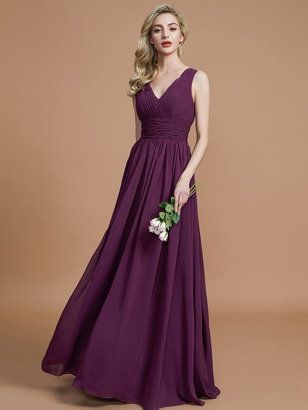 A-Line Sleeveless V-neck Floor-Length Chiffon Bridesmaid Dresses