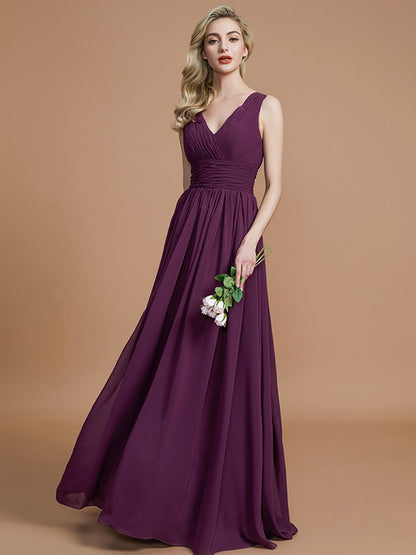 A-Line Sleeveless V-neck Floor-Length Chiffon Bridesmaid Dresses