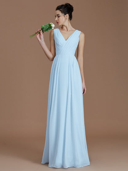 A-Line/Princess Chiffon Ruffles V-neck Short Sleeves Floor-Length Bridesmaid Dresses