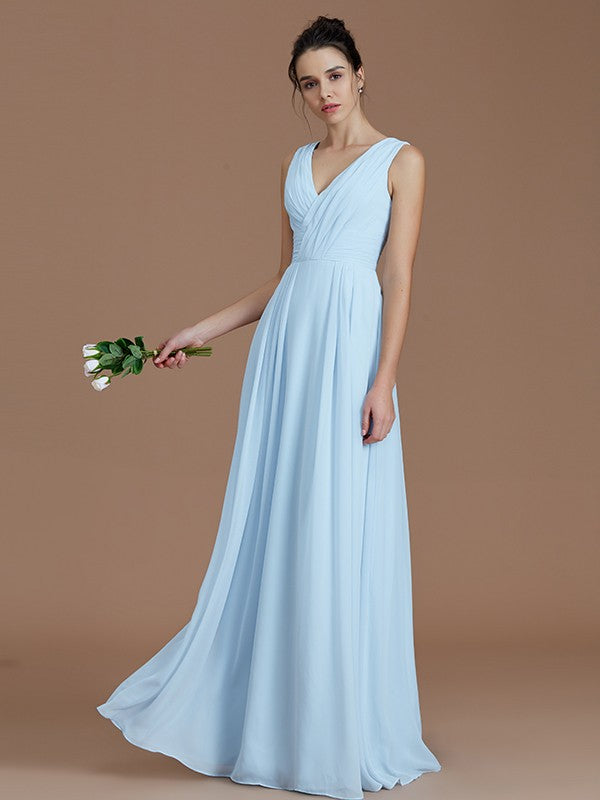 A-Line V-neck Sleeveless With Ruched Floor-Length Chiffon Bridesmaid Dresses