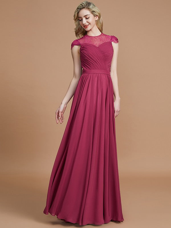 A-Line Scoop Short Sleeves Chiffon Floor-Length Bridesmaid Dresses