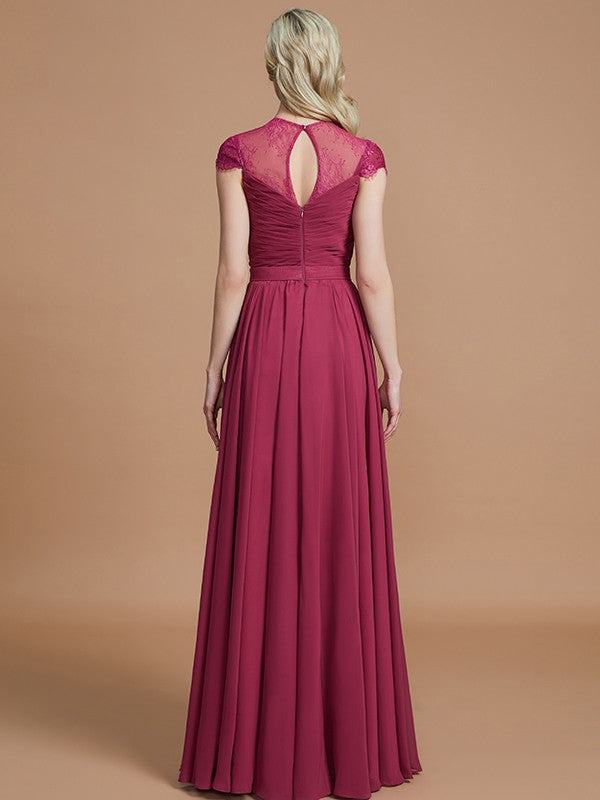 A-Line Scoop Short Sleeves Chiffon Floor-Length Bridesmaid Dresses