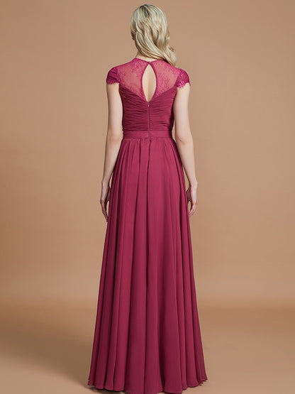 A-Line Scoop Short Sleeves Chiffon Floor-Length Bridesmaid Dresses