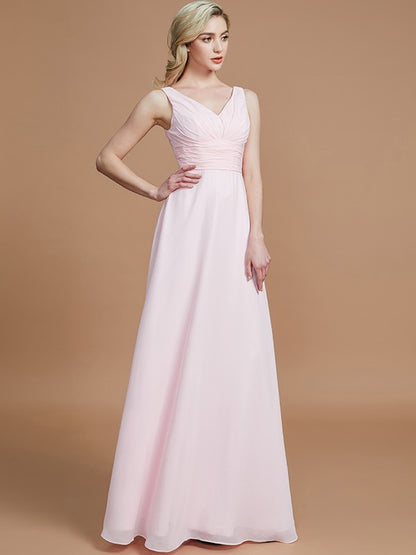 A-Line Sleeveless Floor-Length Chiffon V-neck Bridesmaid Dresses