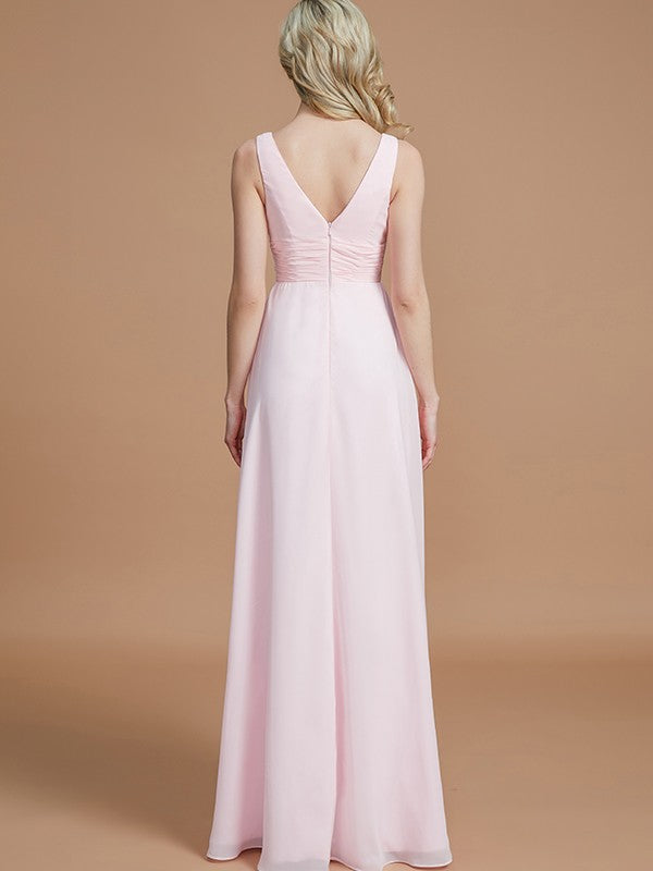A-Line Sleeveless Floor-Length Chiffon V-neck Bridesmaid Dresses