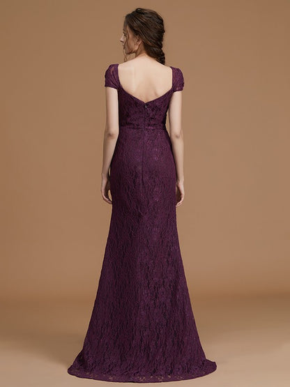 Sheath/Column Sweetheart Short Sleeves Sweep/Brush Train Lace Satin Bridesmaid Dresses