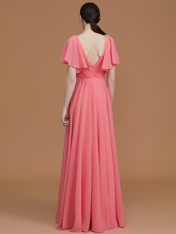 A-Line/Princess V-neck Short Sleeves Floor-Length Ruched Chiffon Bridesmaid Dresses