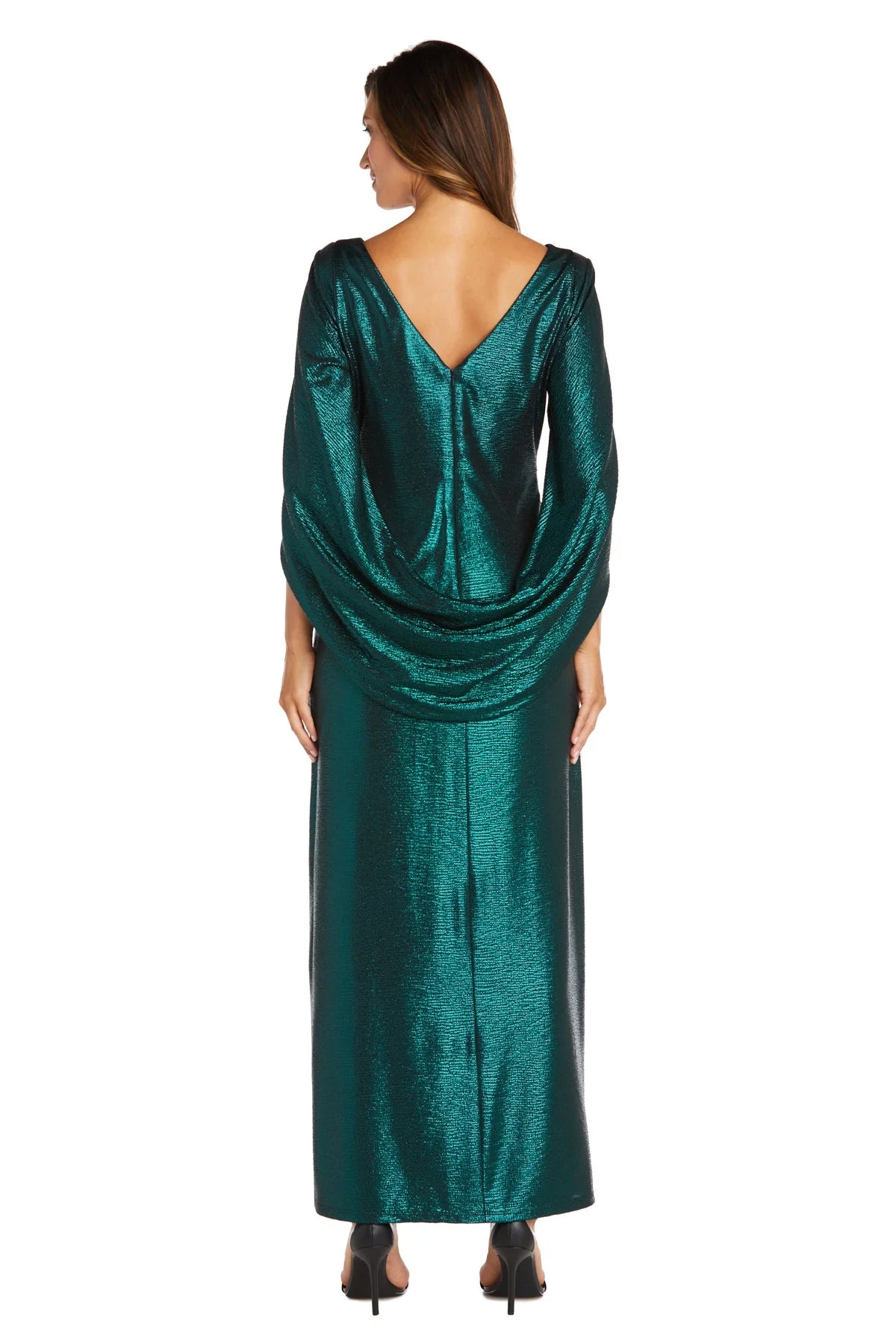 Elegant Metallic Cowl-Neck Capelet-Sleeve Floor-Length Evening Dresses