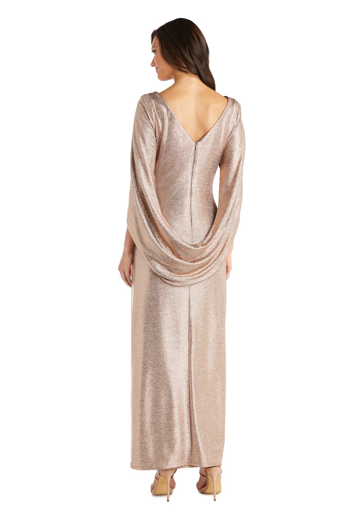 Elegant Metallic Cowl-Neck Capelet-Sleeve Floor-Length Evening Dresses