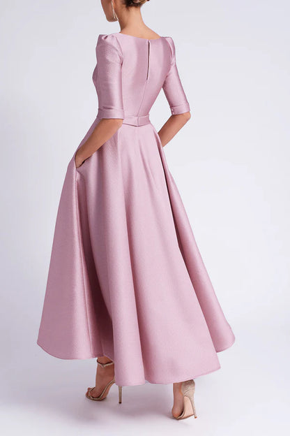 Unique satin A-line V-neck half sleeve pocket mother of the bride dress