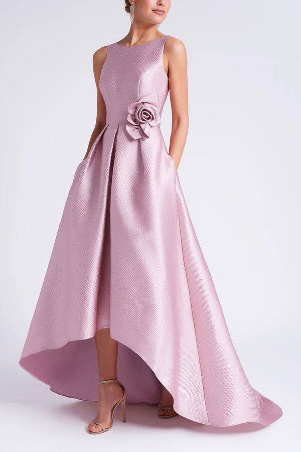 Satin A-shaped circular sleeveless floral pocket height mother of the bride dress