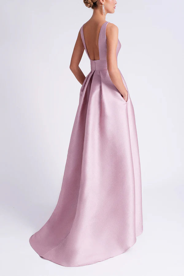Satin A-shaped circular sleeveless floral pocket height mother of the bride dress