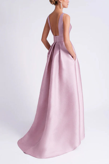 Satin A-shaped circular sleeveless floral pocket height mother of the bride dress