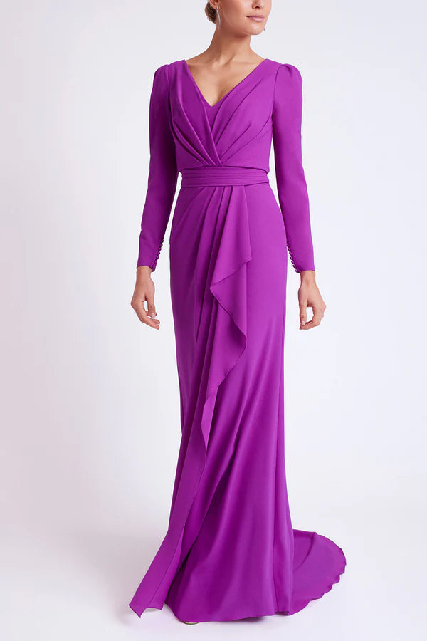 Minimalist fit V-neck long sleeved ruffled edge pleats mother of the bride dress