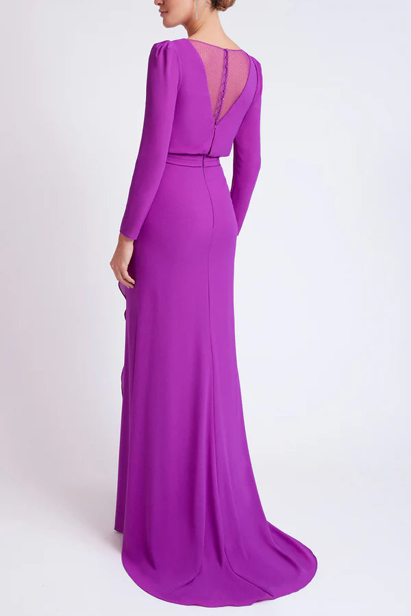 Minimalist fit V-neck long sleeved ruffled edge pleats mother of the bride dress