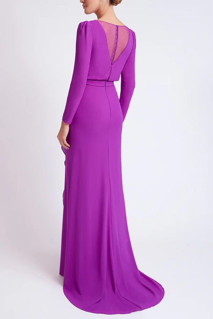 Minimalist fit V-neck long sleeved ruffled edge pleats mother of the bride dress