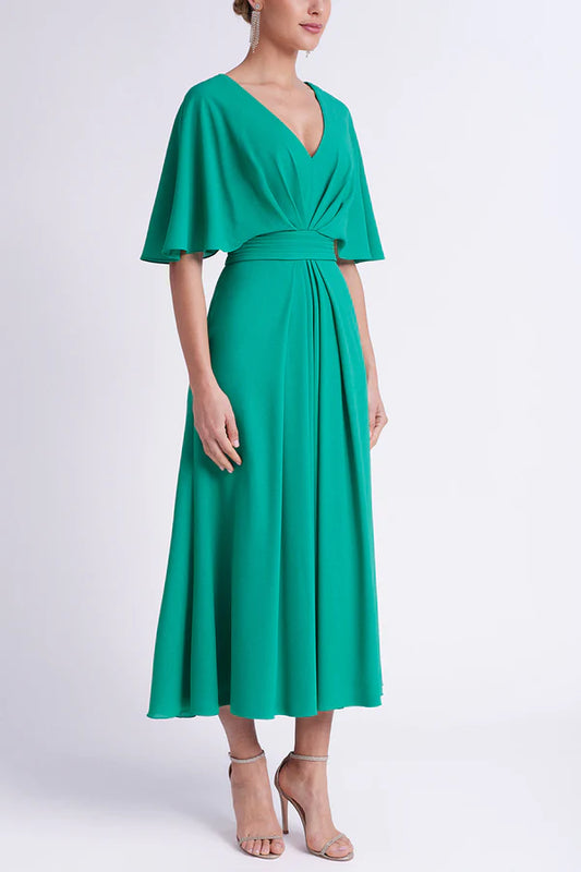 V-neck short top empire pleats mother of the bride dress