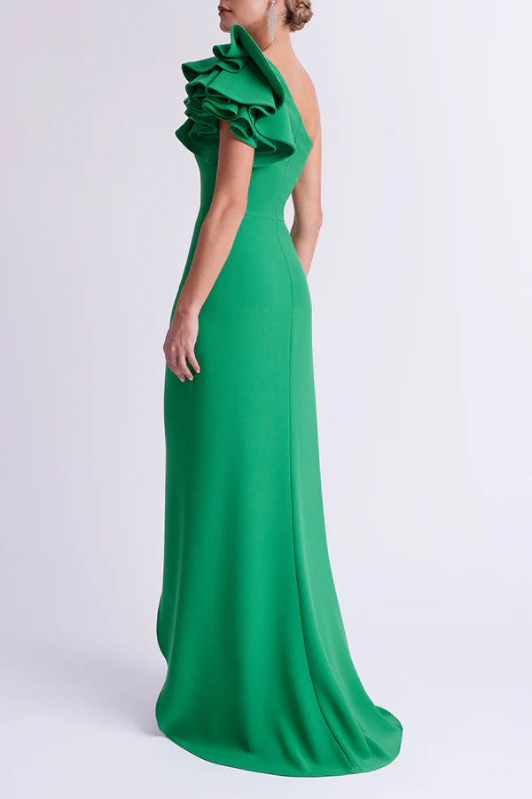 One shoulder ruffled edge empire side split A-line mother of the bride dress