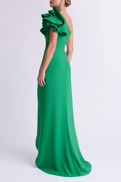 One shoulder ruffled edge empire side split A-line mother of the bride dress