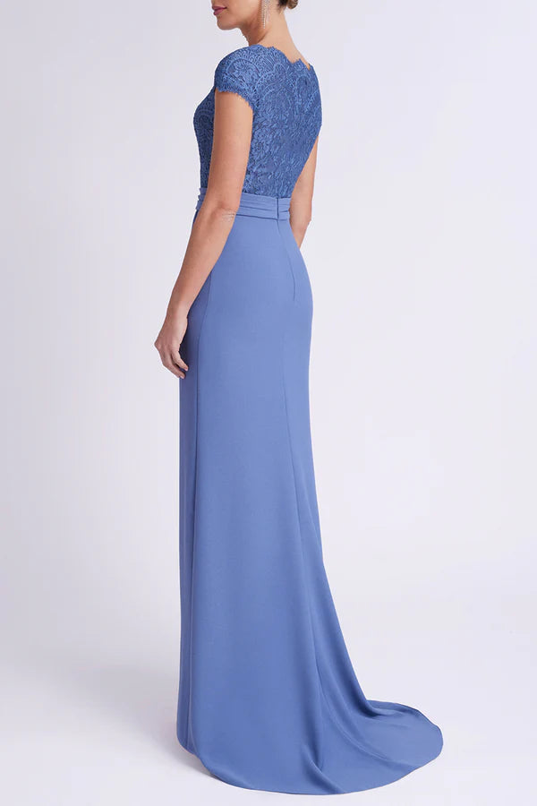 Unique Fit V-neck Cap Sleeves Lace Applique Empire Mother of the bride dress