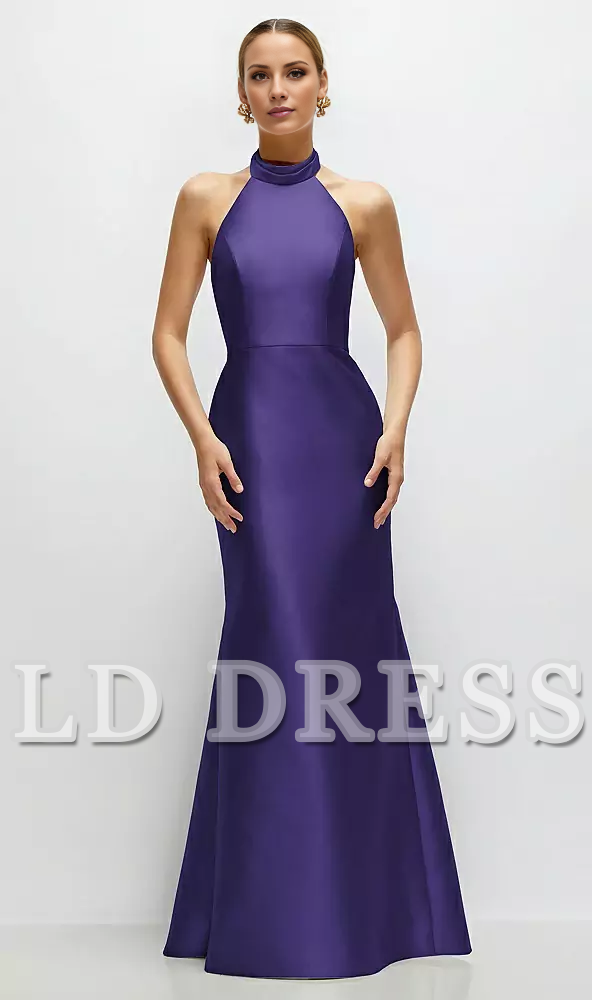 High neck spaghetti strap satin and floor length bridesmaid dress - LD Dress