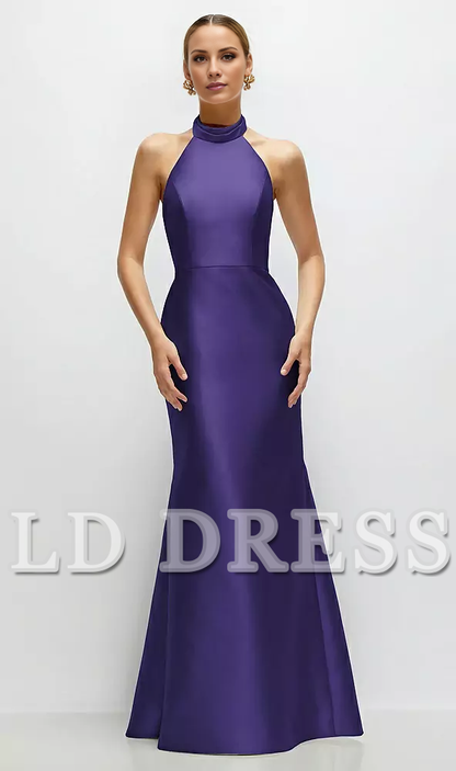 High neck spaghetti strap satin and floor length bridesmaid dress - LD Dress