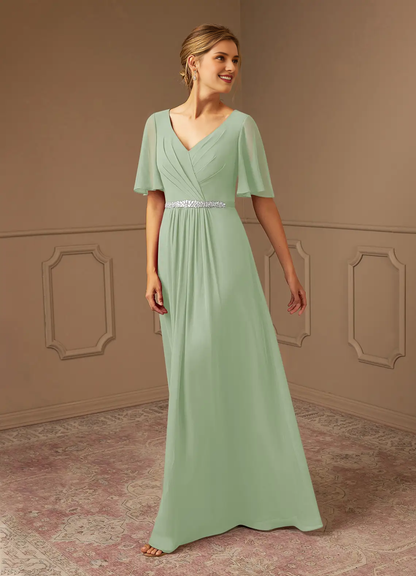 A-line V-neck pleated chiffon and floor length mother of bride dress