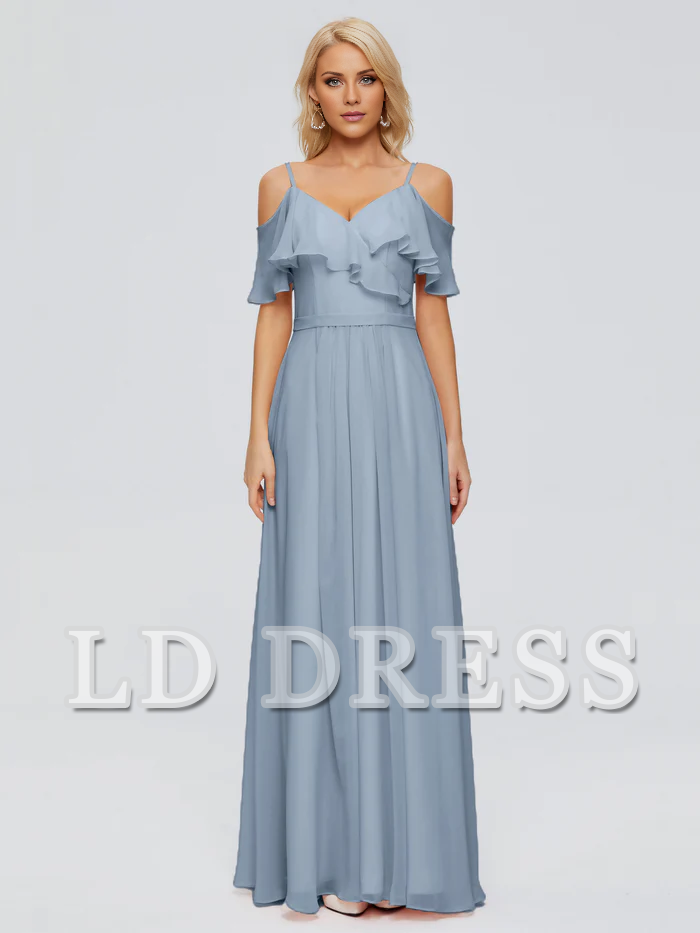 Off shoulder thin shoulder strap ruffled chiffon bridesmaid dress