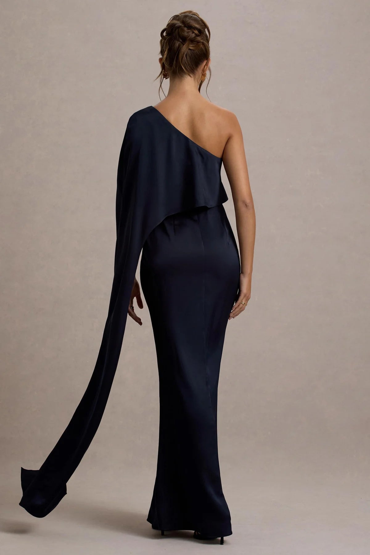 LD - Single shoulder collar satin side slit and floor length Prom dress