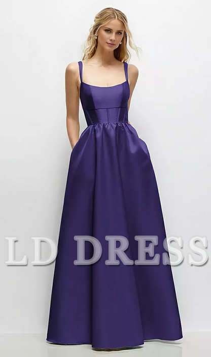 Low round neck studded tight corset satin and floor length bridesmaid dress - LD Dress