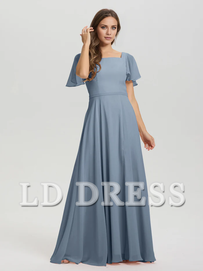 A-line square collar ruffled short sleeved and ground chiffon bridesmaid dress