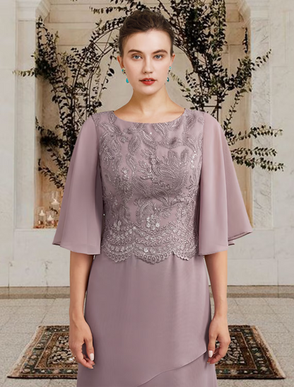 Mother of the Bride Dress Plus Size Elegant Floor Length Chiffon Lace Short Sleeve with Ruffles Appliques