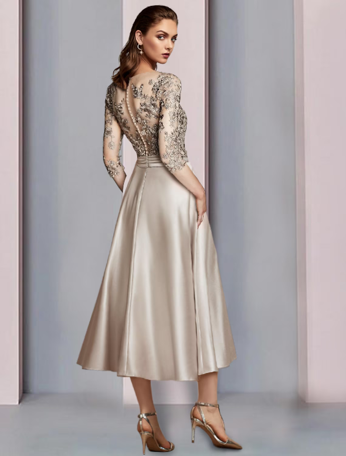 A-Line Mother of the Bride Dress Wedding Guest Elegant V Neck Satin Lace Half Sleeve with Pleats Appliques
