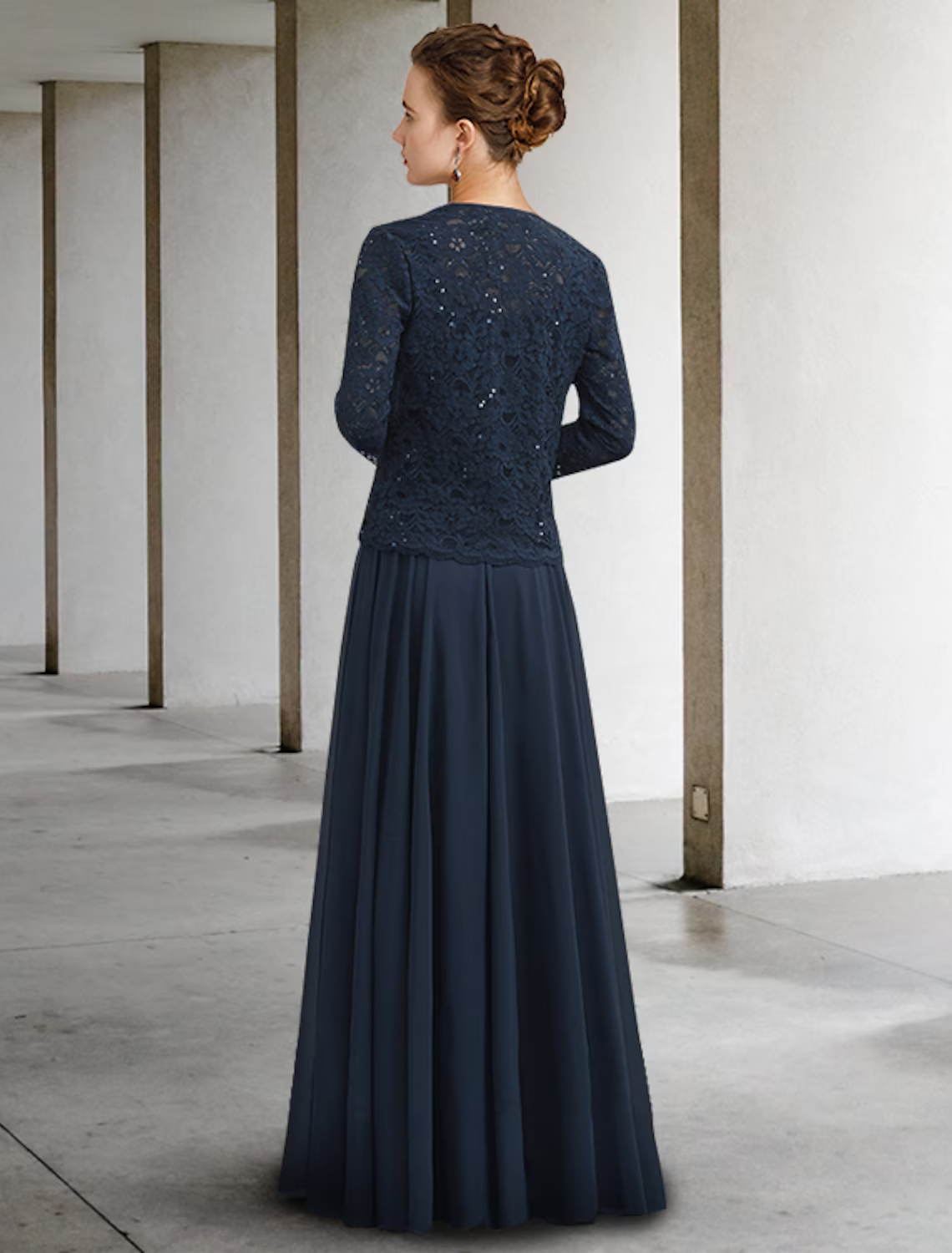 Two Piece A-Line Mother of the Bride Dress Elegant Floor Length Chiffon Lace Half Sleeve with Pleats