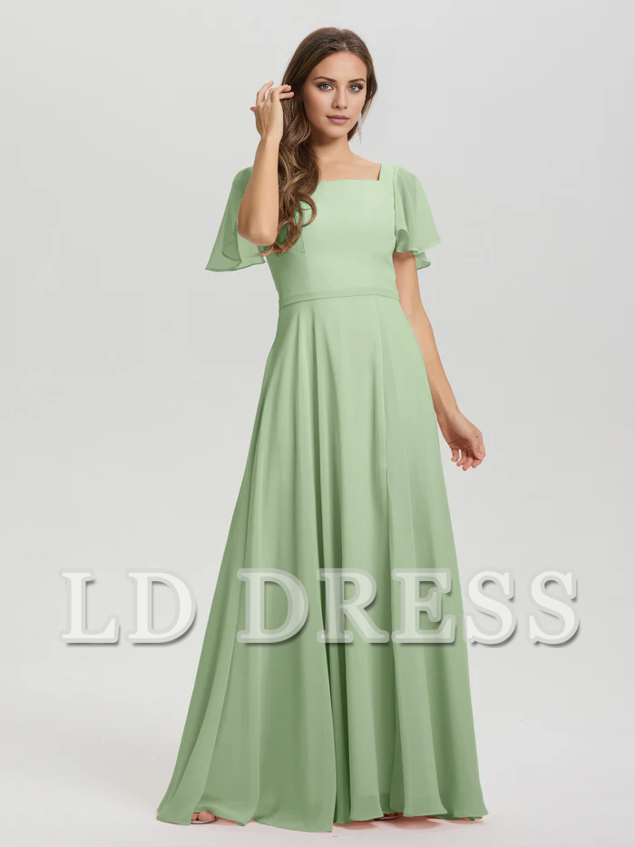A-line square collar ruffled short sleeved and ground chiffon bridesmaid dress