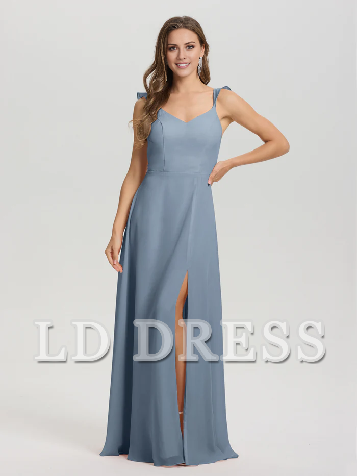 V-neck harness tie and chiffon slit bridesmaid dress