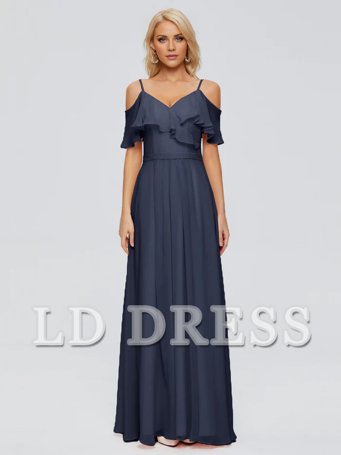 Off shoulder thin shoulder strap ruffled chiffon bridesmaid dress