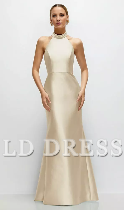 High neck spaghetti strap satin and floor length bridesmaid dress - LD Dress