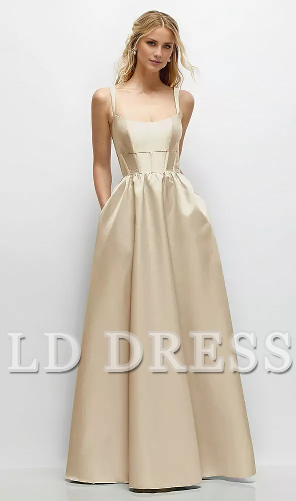 Low round neck studded tight corset satin and floor length bridesmaid dress - LD Dress