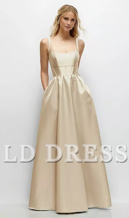 Low round neck studded tight corset satin and floor length bridesmaid dress - LD Dress
