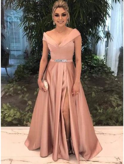 A-Line Elegant Prom Formal Evening Valentine's Day Dress Off Shoulder Short Sleeve Satin with Split Front