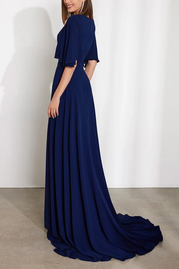 Chiffon A-neck V-neck half sleeved tail mother of the bride dress