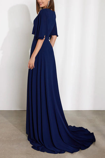 Chiffon A-neck V-neck half sleeved tail mother of the bride dress