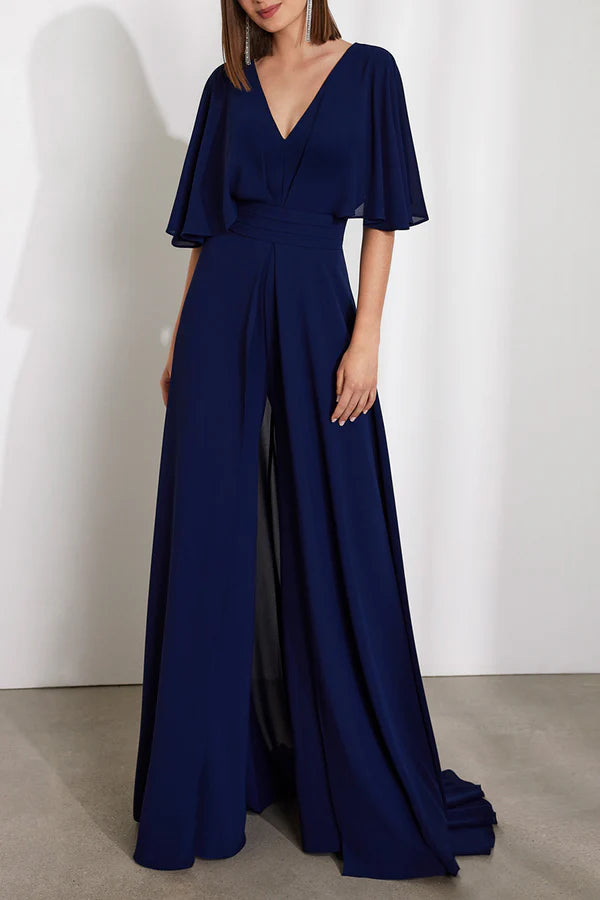 Chiffon A-neck V-neck half sleeved tail mother of the bride dress