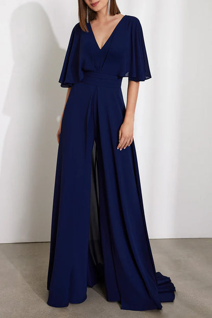 Chiffon A-neck V-neck half sleeved tail mother of the bride dress